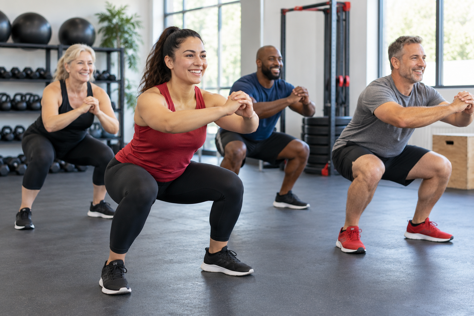 Illustrative image of adults exercising together in a fitness class